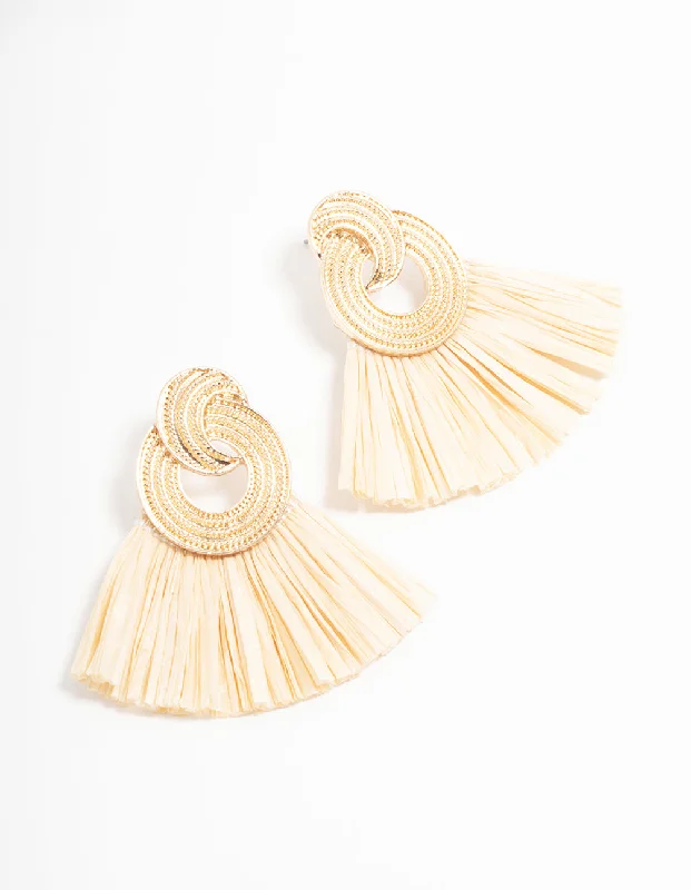 Geometric Hoop Earrings-Gold Raffia Fan Drop Earrings