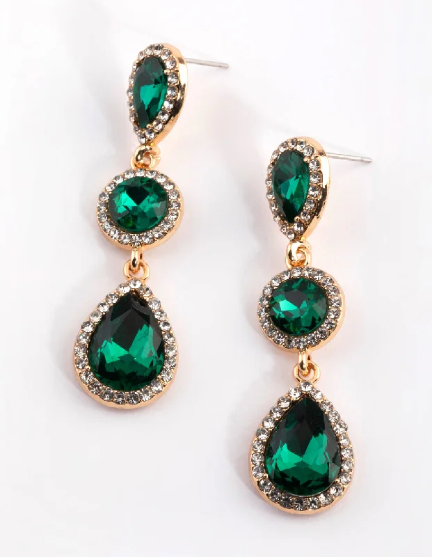 Luxury Designer Earrings-Green Diamante Circle & Teardrop Earrings