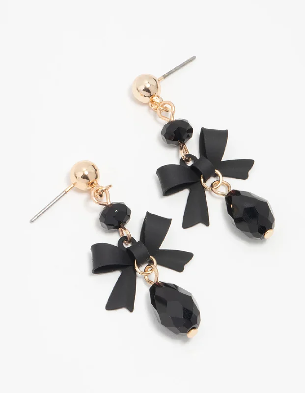 Long Tassel Drop Earrings-Gold Black Diamante Bow Drop Earrings