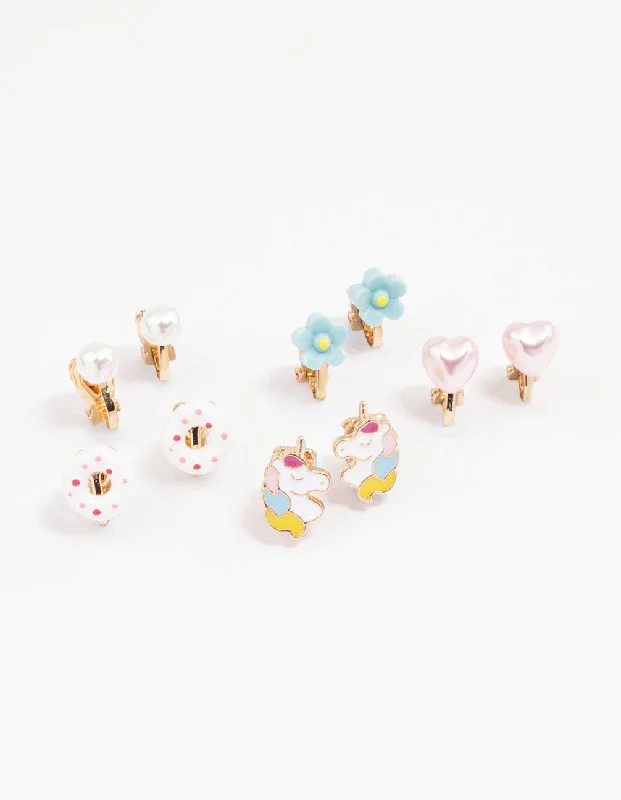 Fun Hoop Earrings-Kids Donut & Flower Clip On Earrings 6-Pack