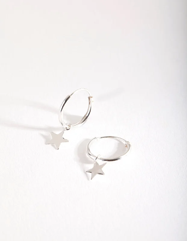 Classic Pearl Earrings-Sterling Silver Plain Star Dangle Hoop Earrings