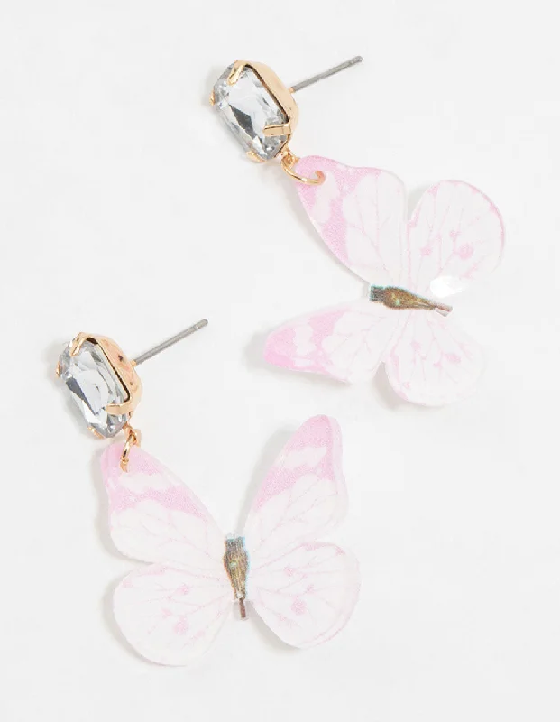 Rhinestone Earrings-Gold Pink Butterfly & Diamante Drop Earrings