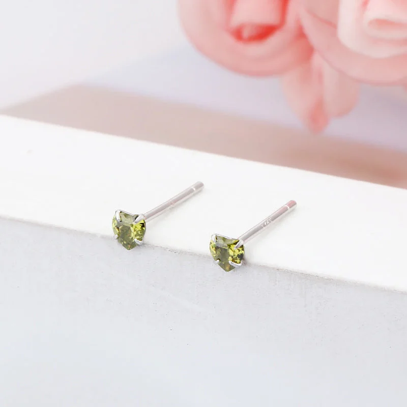 3mm Olive Green Heart-Shaped Stud Earrings