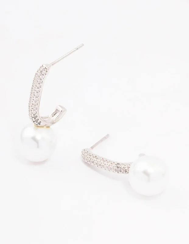 Classic Pearl Earrings-Silver Cubic Zirconia Small Pearl Drop Earrings