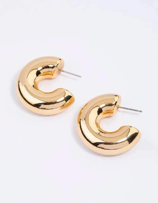 Fashion Pearl Earrings-Gold Plated Inflated Classic Hoop Earrings