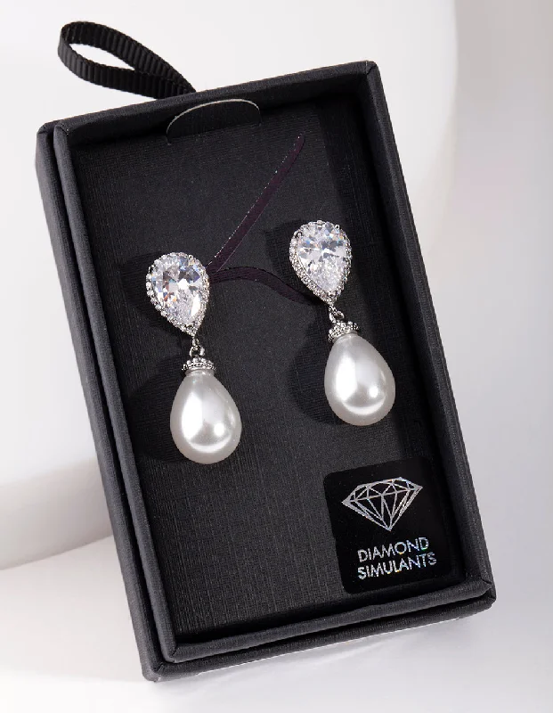 Elegant Hoops with Diamonds-Silver Diamond Simulant Pearl Drop Earring