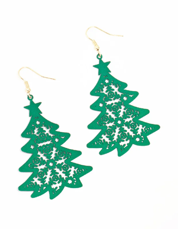 Luxury Diamond Earrings-Green Cut Out Tree Gold Drop Earrings