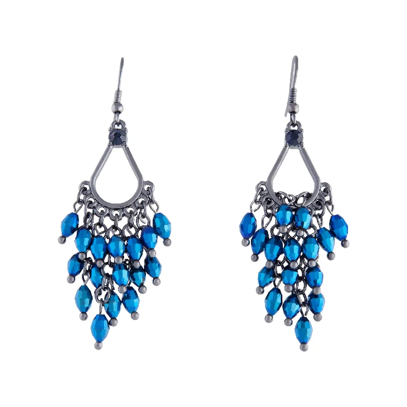 Diamond Drop Earrings-Gunmetal Midnight Blue Glass Bead Chandelier Earrings