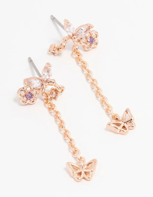 Vintage Style Earrings-Rose Gold Plated Butterfly Stud & Chain Drop Earrings