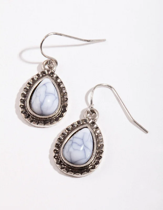 Luxury Pearl Earrings-Antique Silver Etched Tear Simple Drop Earrings