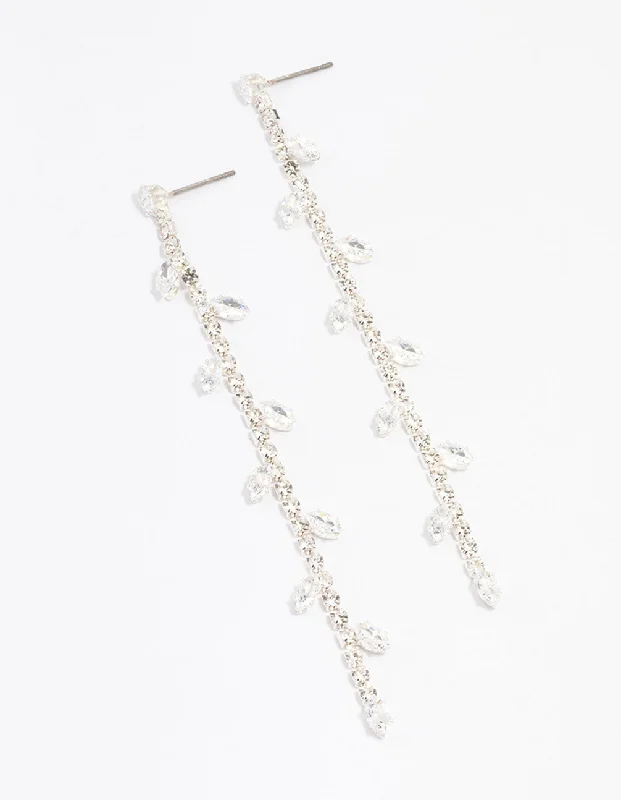 Casual Hoop Earrings-Silver Diamante Leaf Cup Chain Drop Earrings