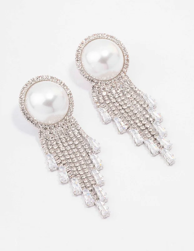 Luxury Silver Earrings-Silver Oversized Pearl Cup Chain Diamante Earrings