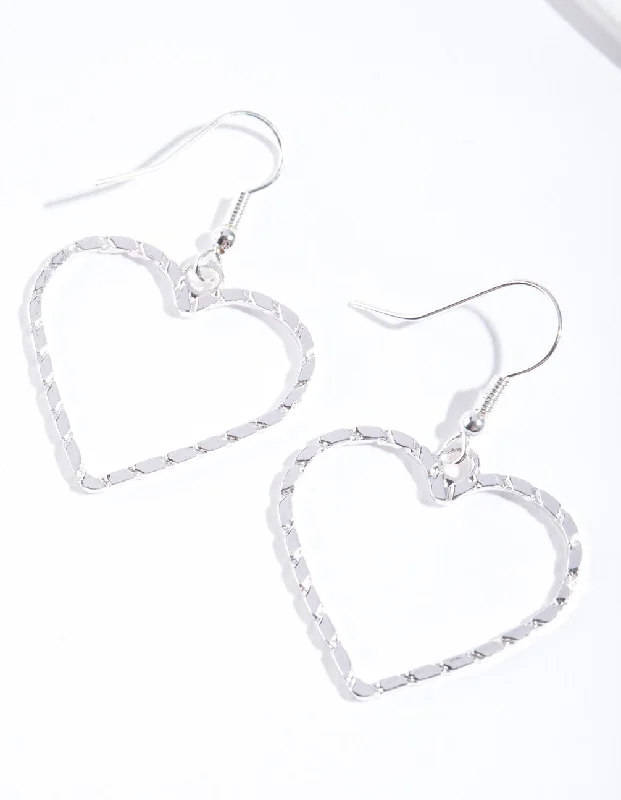 Luxurious Gold Earrings-Silver Textured Heart Cut Out Drop Earring