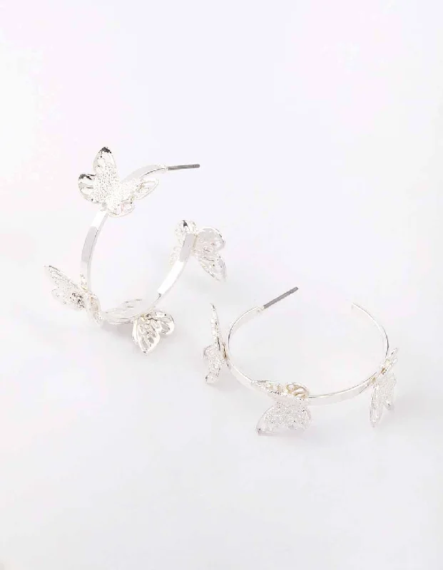 Unique Silver Earrings-Silver Sandblast Butterfly Hoop Earrings