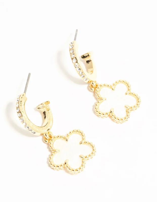 Silver Chain Earrings-Gold Plated Flower Drop Diamante Hoop Earrings