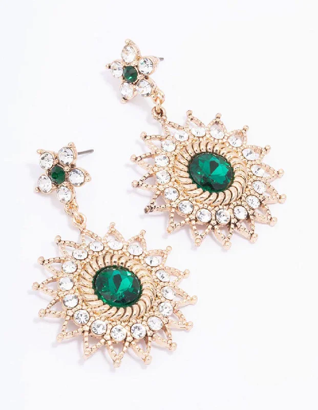 Handmade Dangle Earrings-Gold Emerald Celestial Drop Earrings