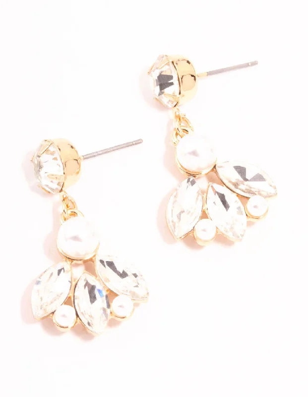 Chic Cuff Earrings-Gold Diamante & Pearl Marquise Drop Earrings