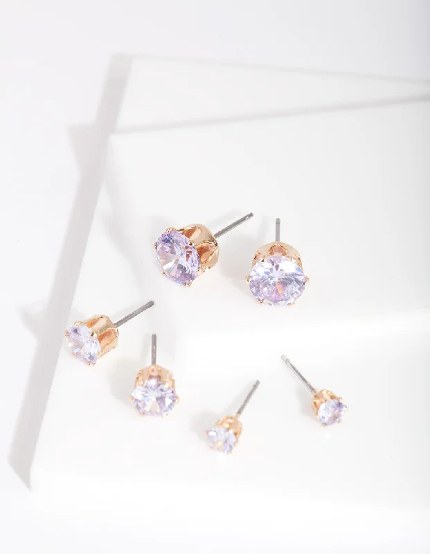 Large Dangle Earrings-Gold Purple Cubic Zirconia Graduating Stud Earring Pack