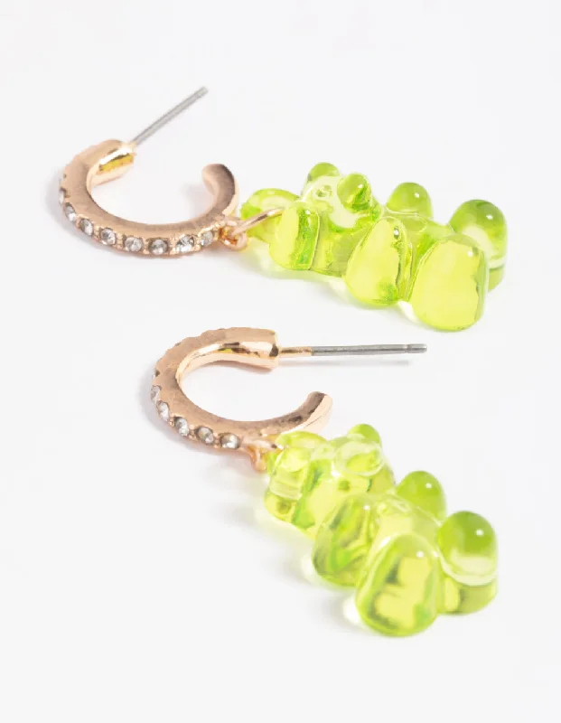 Birthday Gift Earrings-Gold Diamante Green Cute Bear Earrings