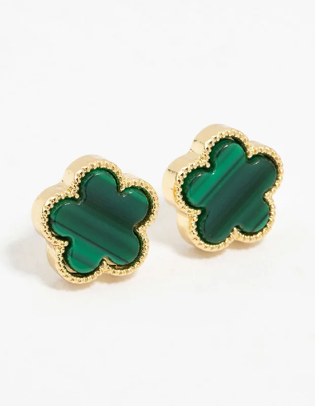 Unique Gemstone Earrings-Gold Plated Emerald Flower Stud Earrings