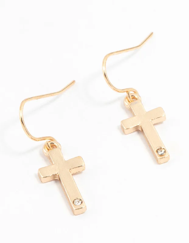 Cute Pearl Earrings-Gold Cross Drop Earrings