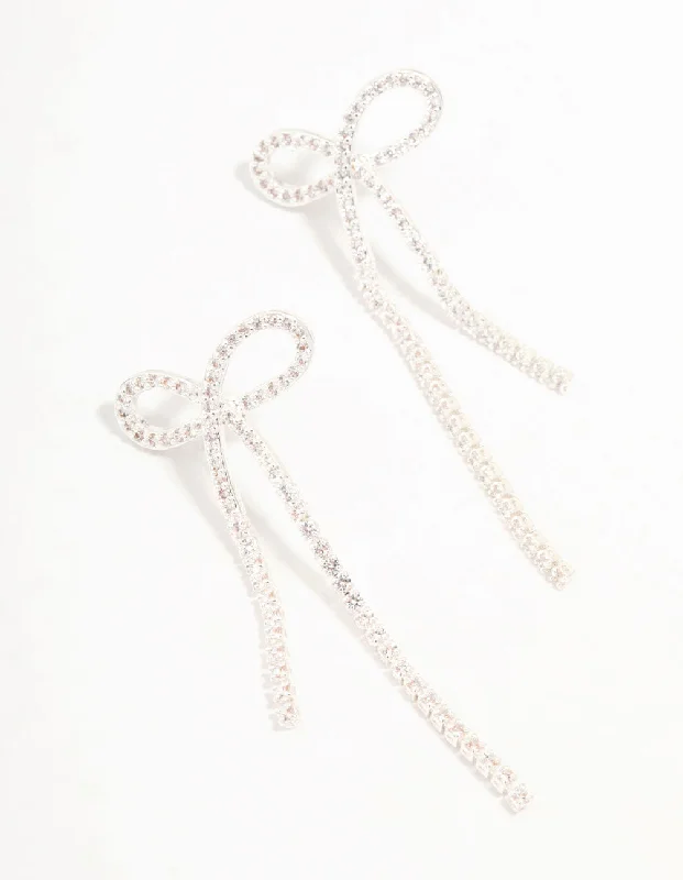 Handmade Beaded Earrings-Silver Plated Cubic Zirconia Loop Cup Chain Bow Earrings