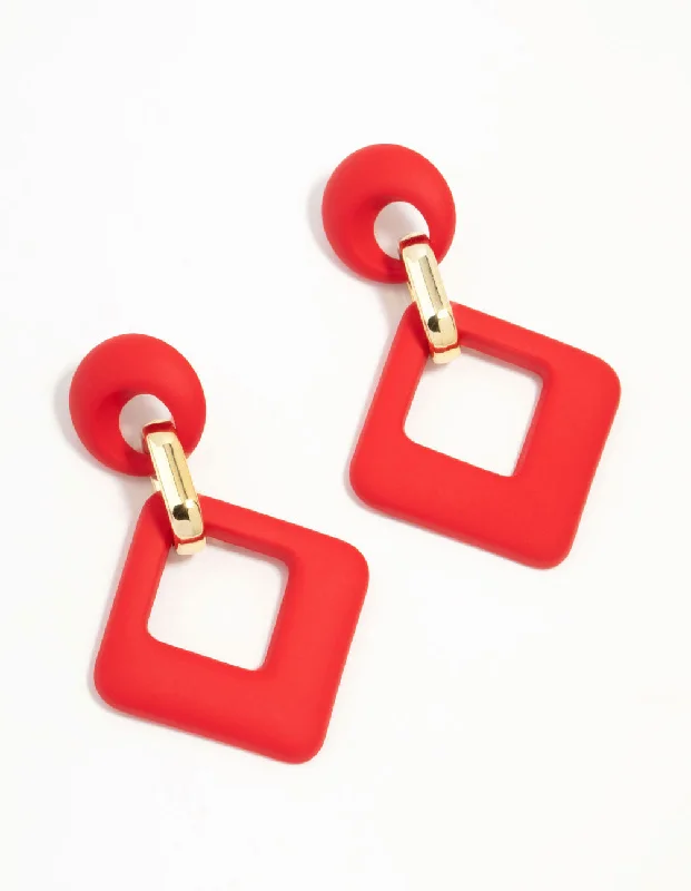 Bold Drop Earrings-Red Acrylic Diamond Link Drop Earrings