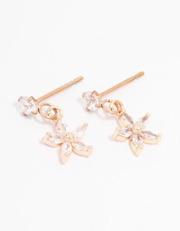 Handmade Boho Earrings-Rose Gold Plated Surgical Steel Cubic Zirconia Flower Drop Stud Earrings