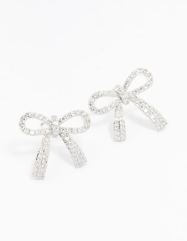 High-End Earrings-Silver Cubic Zirconia Bow Stud Earrings