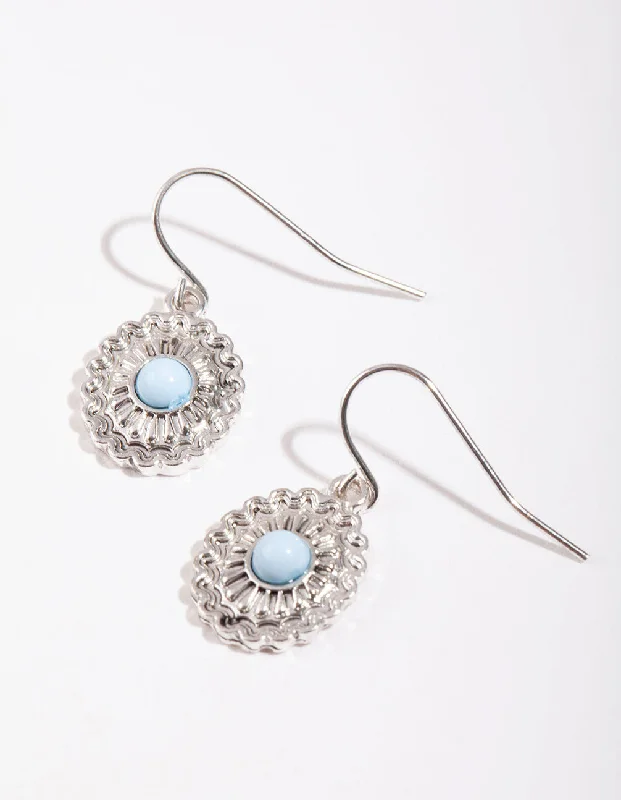 Casual Earrings-Antique Silver Floral Disc Drop Earrings