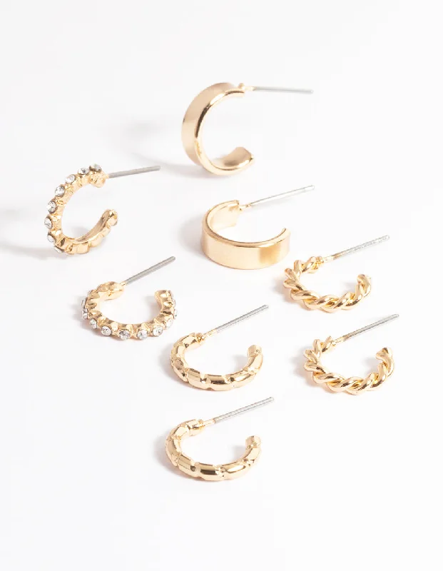 Sterling Silver Dangle Earrings-Gold Diamante & Plain Hoop Earrings 4-Pack