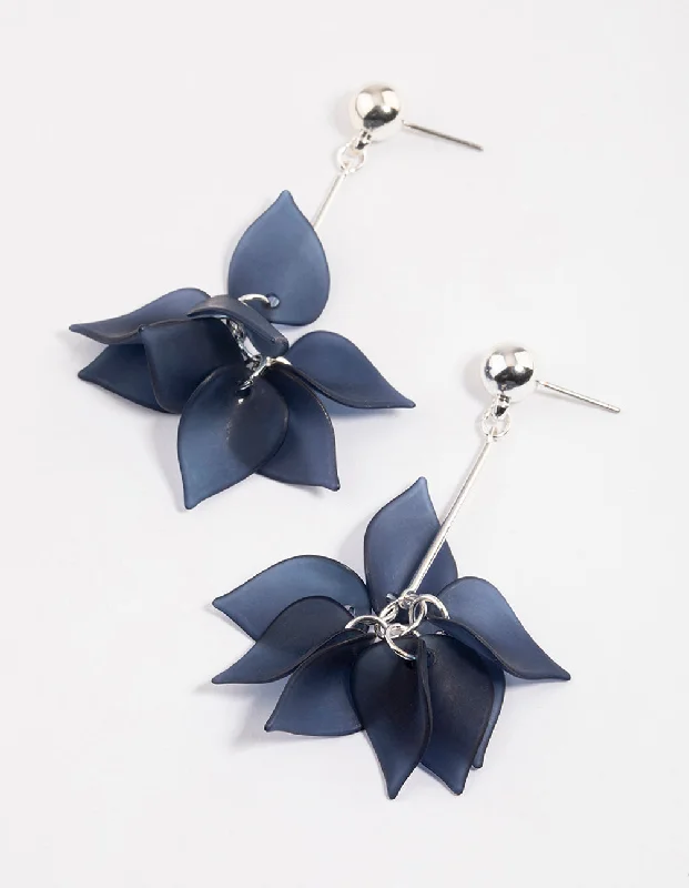 Silver Stud Earrings-Blue Petal Stick Drop Earrings