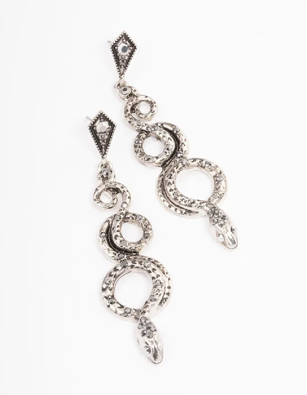 Luxury Silver Earrings-Antique Silver Snake Stone Drop Earrings