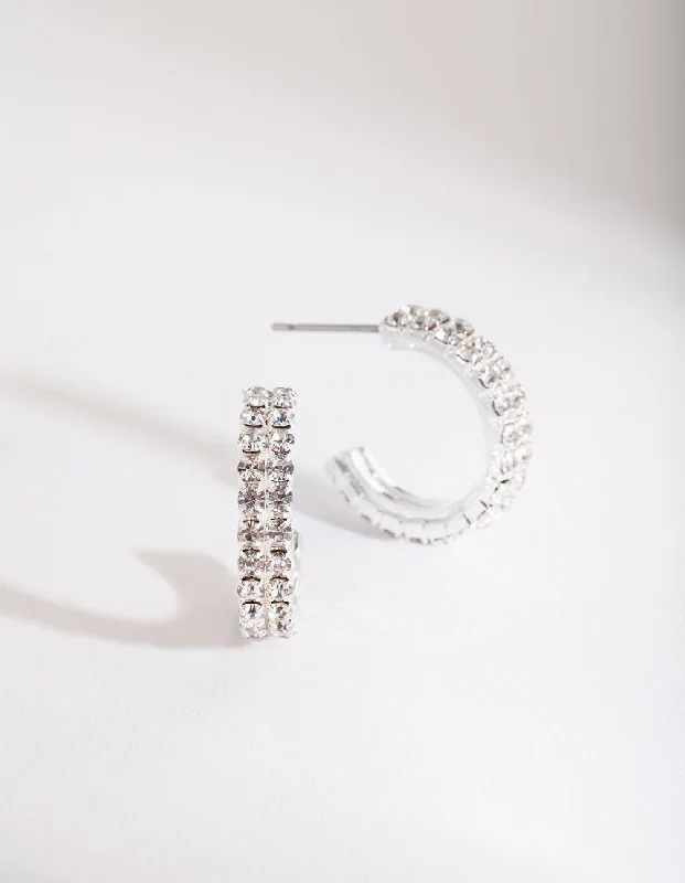 Sterling Silver Earrings-Silver Mini Diamante Hoop Earrings