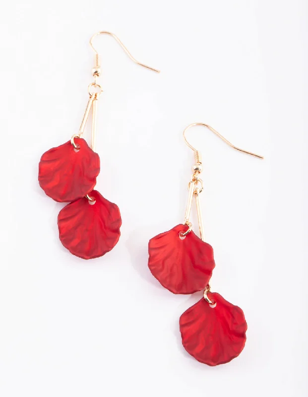 Gold Hoop Earrings-Red Petal Drop Earrings