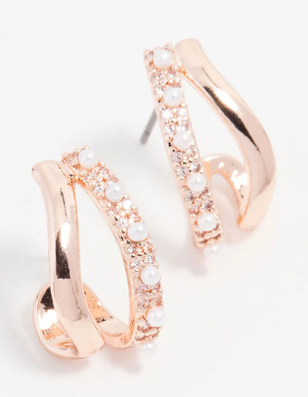 Elegant Gold Earrings-Rose Gold Plated Cubic Zirconia & Pearl Hoop Earrings