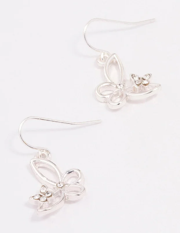 Chic Cuff Earrings-Silver Diamante Cut Butterfly Drop Earrings