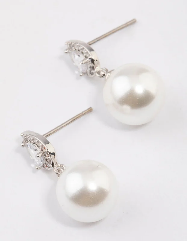 Elegant Gemstone Earrings-Silver Diamante Pear & Pearl Drop Earrings