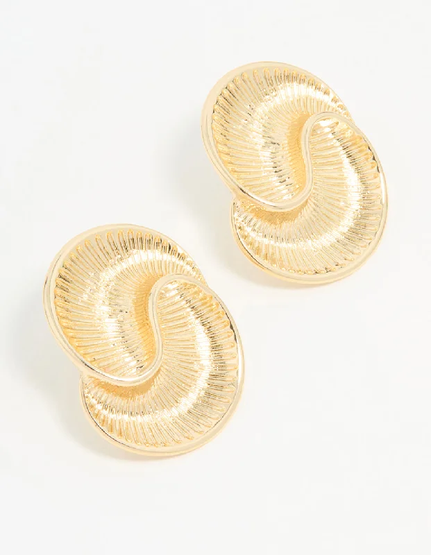 Gold-Plated Earrings-Gold Ribbed Swirl Small Stud Earrings