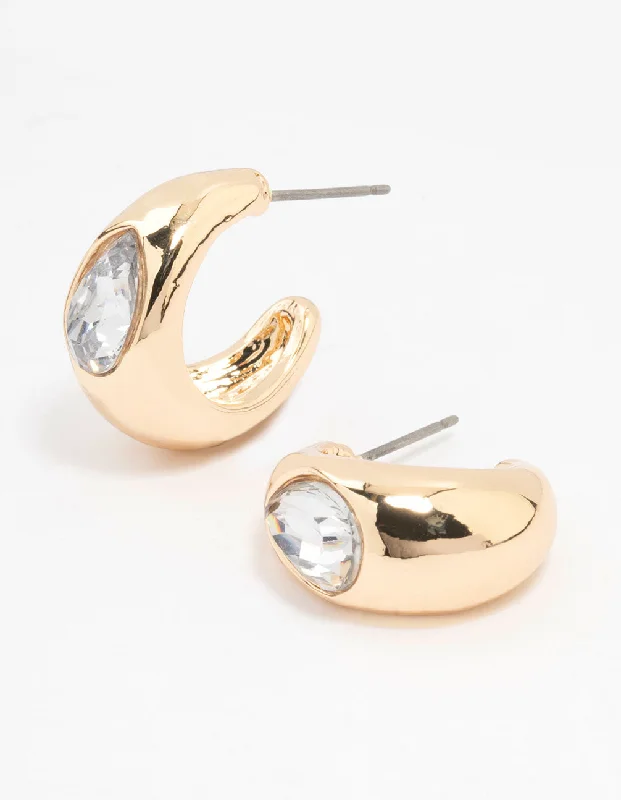 Luxury Designer Earrings-Gold Drop With Pear Diamante Hoop Earrings