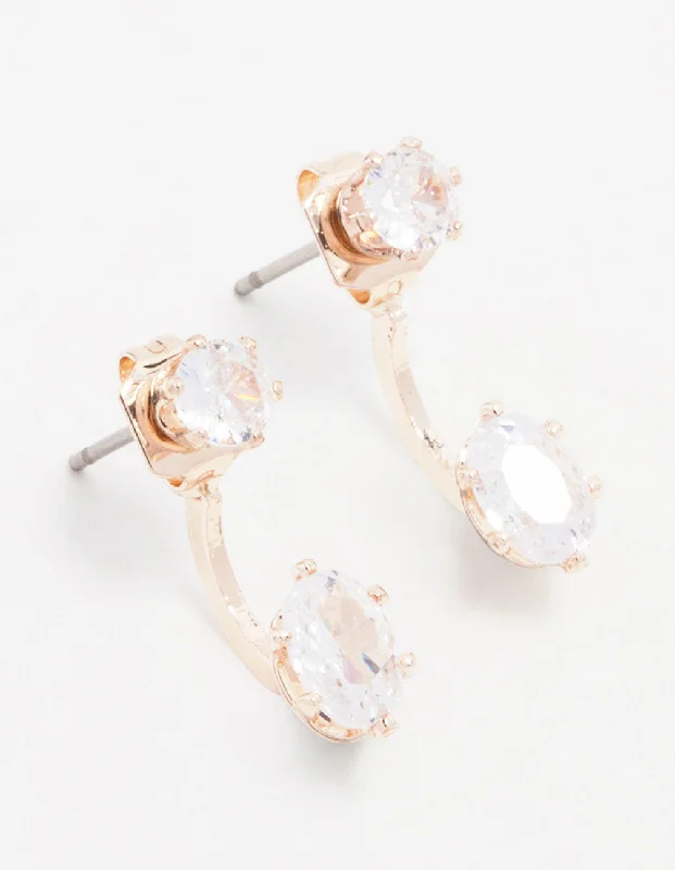 Oval Dangle Earrings-Rose Gold Plated Cubic Zirconia Round Stone Jacket Earrings