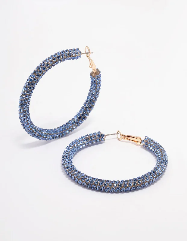 Geometric Silver Earrings-Blue Encrusted Hoop Earrings 40mm