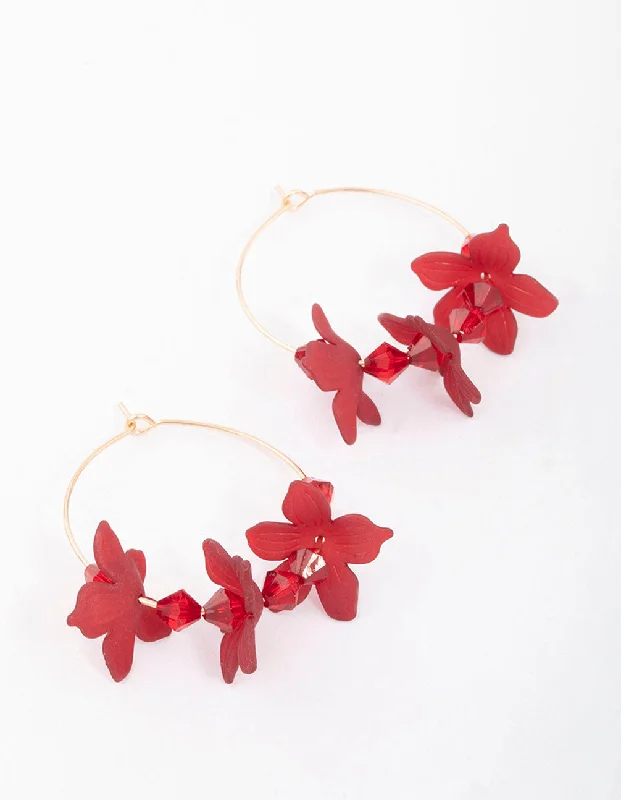 Fun Hoop Earrings-Red Frosted Flower Hoop Earrings