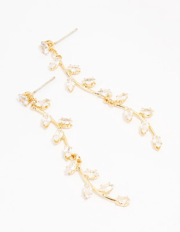 Classic Pearl Studs-Gold Plated Long Winding Cubic Zirconia Drop Earrings