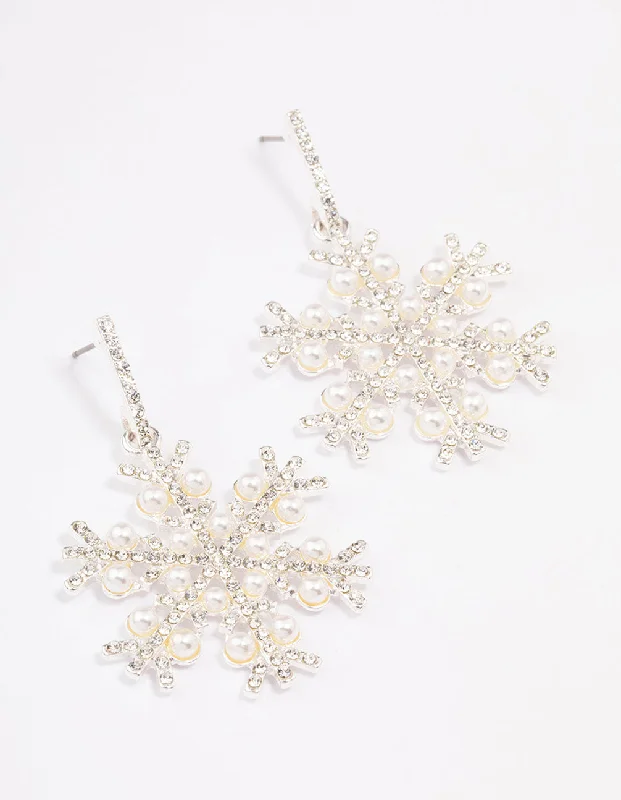 Silver Ear Cuffs-Silver Pearl & Diamante Snowflake Earrings