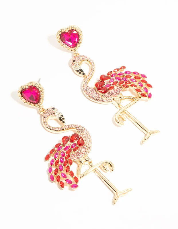 Statement Earrings for Weddings-Gold Pink Diamante Flamingo Drop Earrings