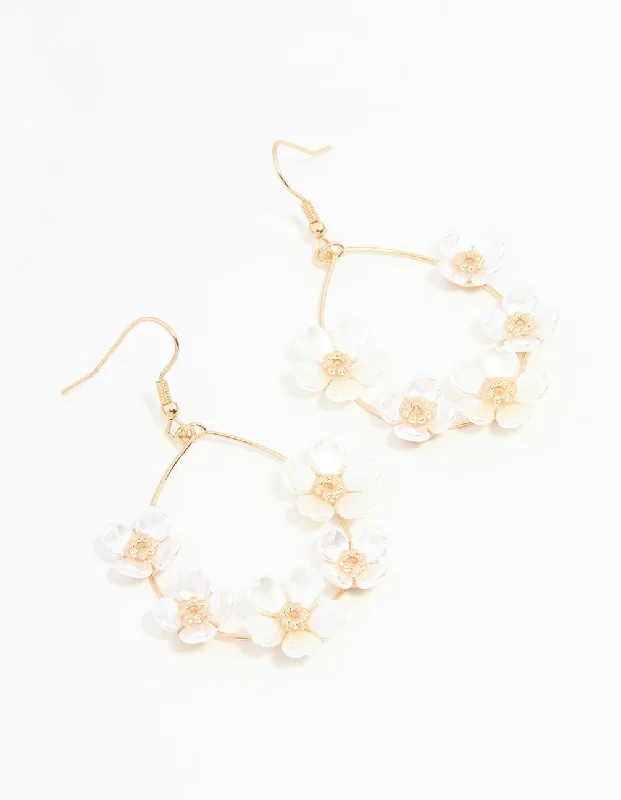 Sparkling Diamond Earrings-White Pearlised Flower Teardrop Gold Earrings