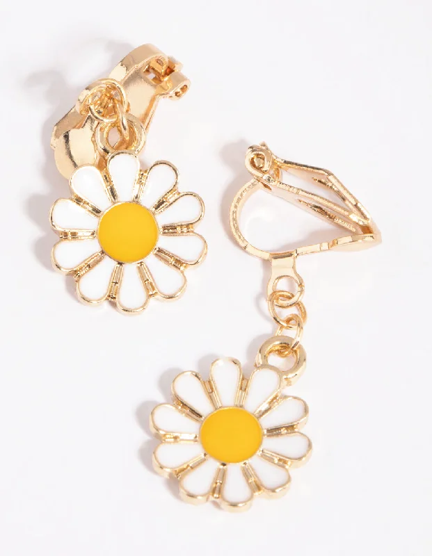 Handmade Gold Earrings-White Daisy Clip-On Earrings