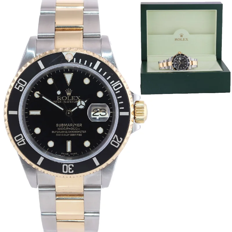 Designer Watch with Custom Band-2001 Rolex Submariner 16613 18k Gold Steel Two Tone Black GOLD BUCKLE Watch Box