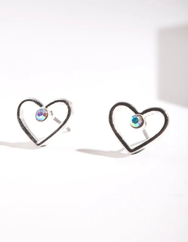 Flower Earrings-Silver Cut Out & Diamante Heart Stud Earring